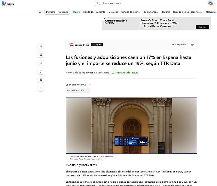 Las fusiones y adquisiciones caen un 17% en Espaa hasta junio y el importe se reduce un 19%, segn TTR Data